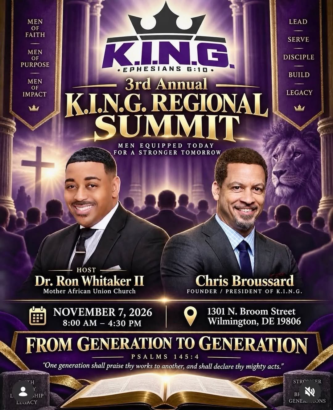 3rd Annual K.I.N.G. Regional Summit flyer featuring host Dr. Ron Whitaker II and Chris Broussard. November 7, 2026 from 8:00 AM to 4:30 PM at 1301 N. Broom Street in Wilmington, Delaware.