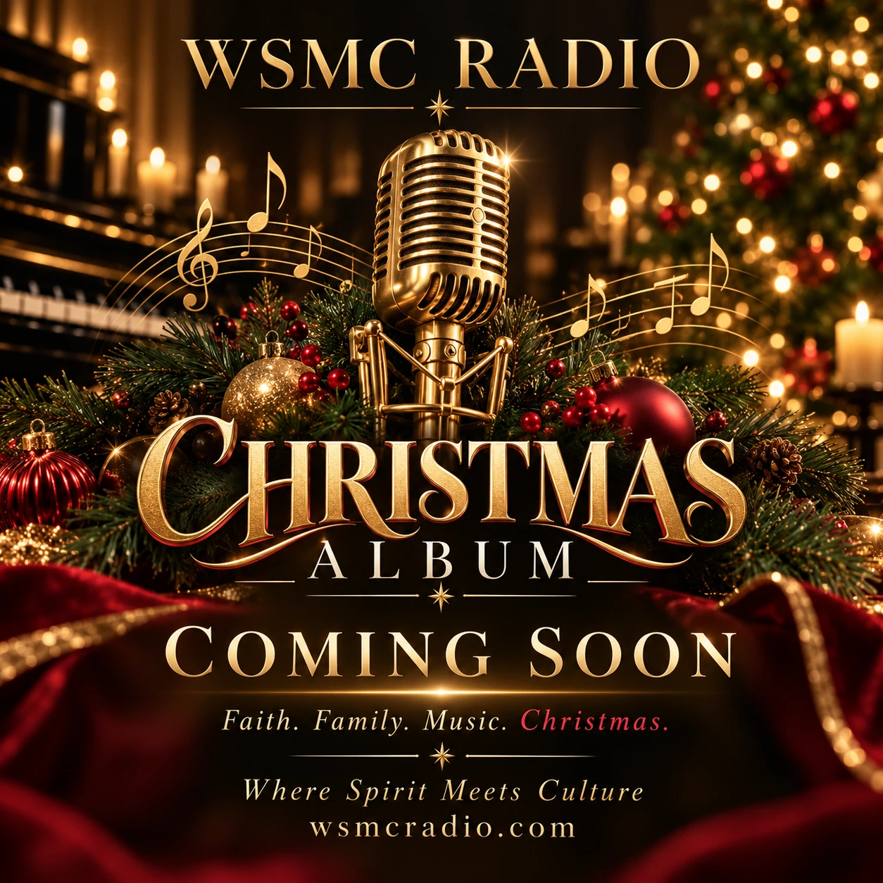 WSMC Radio Christmas Album — Coming Soon, with a gold microphone, ornaments and a Christmas tree